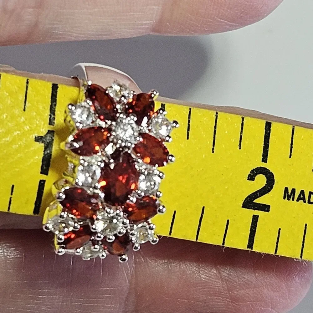 Sterling Silver Orange & Clear Rhinestone Flower Ring Sz 7.5